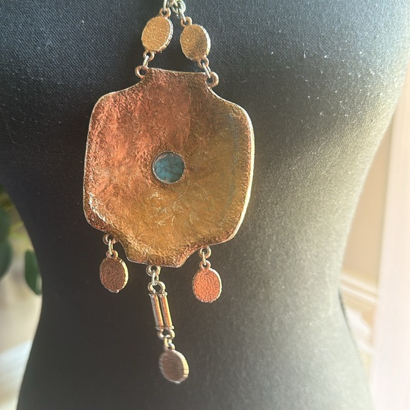 Long Boho Statement Necklace W/Turquoise Colored Stones - Picture 4 of 6